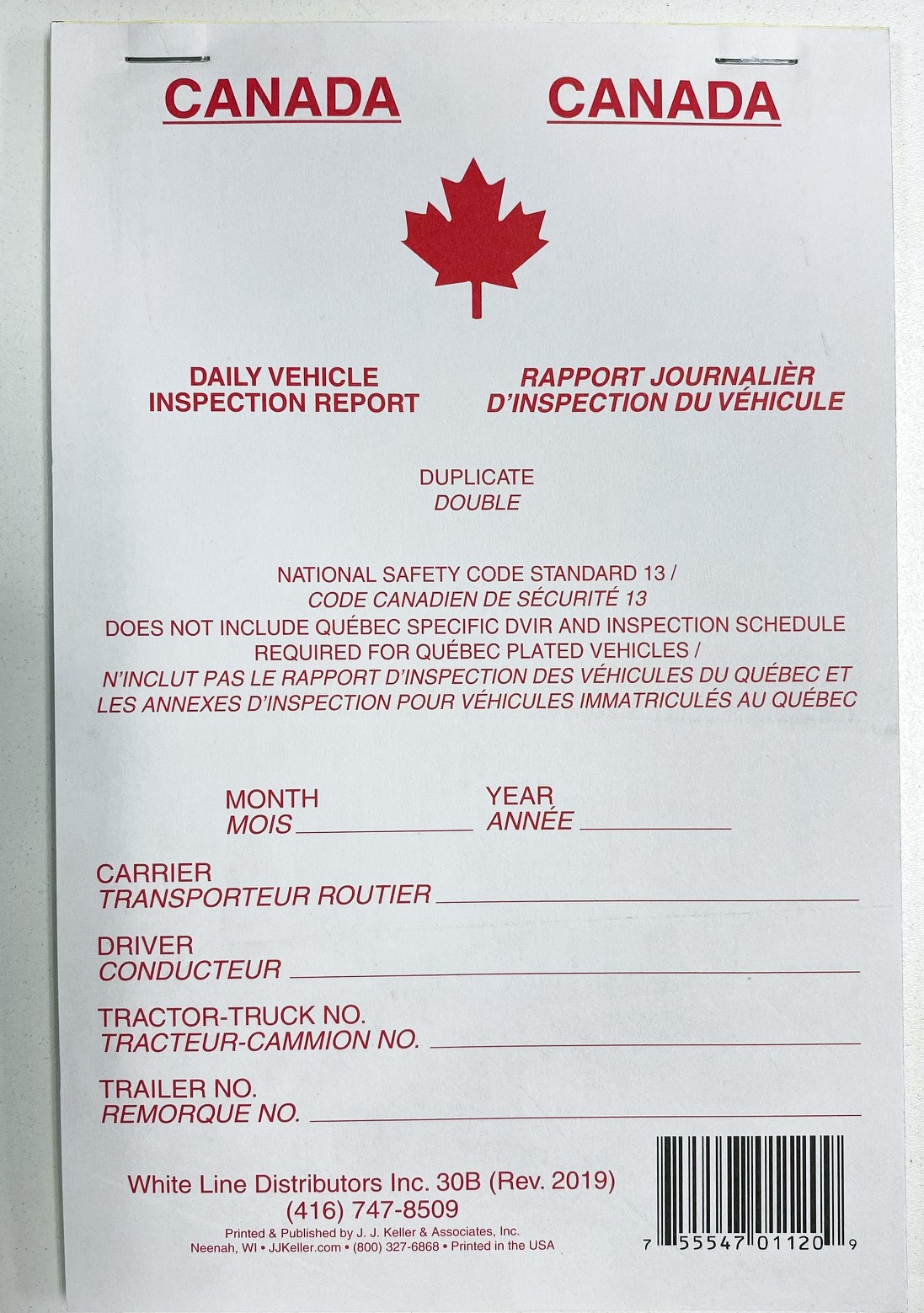 DAILY VEHICLE INSPECTION REPORT LOG BOOK - 30B